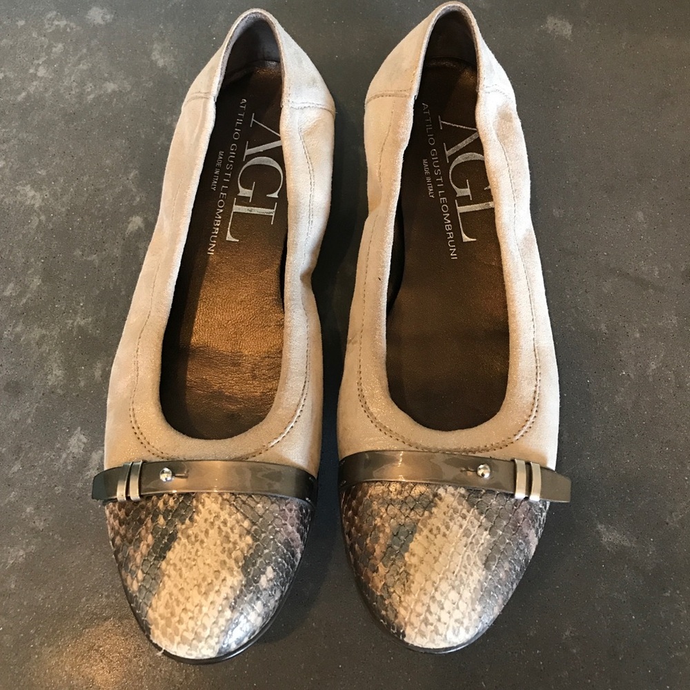 Attilio Giusti Leombruni Taupe Suede Flats with Snakeskin Toe Cap